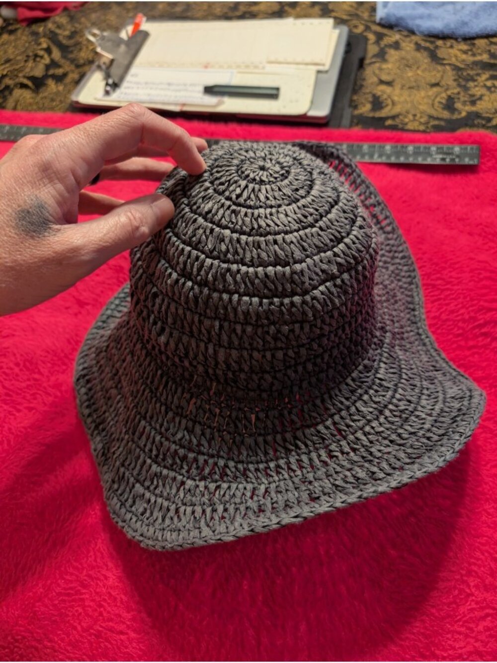 Lauren Ralph Lauren Grey Crochet Straw Sun Hat Floppy Bucket Hat Packable OS
